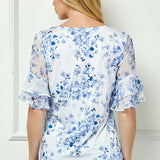 Double Ruffle Sleeve Cutout Neck Blouse in Ivory/Denim