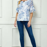 Double Ruffle Sleeve Cutout Neck Blouse in Ivory/Denim