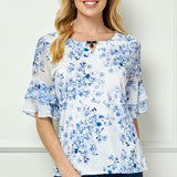 Double Ruffle Sleeve Cutout Neck Blouse in Ivory/Denim