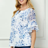 Double Ruffle Sleeve Cutout Neck Blouse in Ivory/Denim