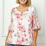 Double Ruffle Sleeve Cutout Neck Blouse - Plus