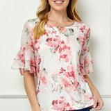 Double Ruffle Sleeve Cutout Neck Blouse
