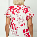 Double Flutter Sleeve Mandarin Collar V-Neck Blouse in Red/Cream - Plus