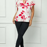 Double Flutter Sleeve Mandarin Collar V-Neck Blouse in Red/Cream - Plus