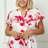 Double Flutter Sleeve Mandarin Collar V-Neck Blouse in Red/Cream - Plus
