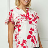 Double Flutter Sleeve Mandarin Collar V-Neck Blouse in Red/Cream - Plus