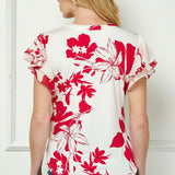 Double Flutter Sleeve Mandarin Collar V-Neck Blouse in Red/Cream