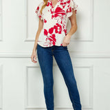 Double Flutter Sleeve Mandarin Collar V-Neck Blouse in Red/Cream