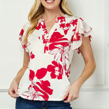 Double Flutter Sleeve Mandarin Collar V-Neck Blouse in Red/Cream
