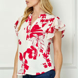 Double Flutter Sleeve Mandarin Collar V-Neck Blouse in Red/Cream