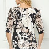 Elbow Sleeve Cutout Neck Mix Media Blouse - Black