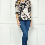 Elbow Sleeve Cutout Neck Mix Media Blouse - Black