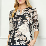 Elbow Sleeve Cutout Neck Mix Media Blouse - Black