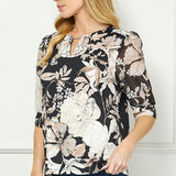 Elbow Sleeve Cutout Neck Mix Media Blouse - Black