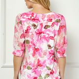 Elbow Sleeve Cutout Neck Mix Media Blouse - Pink