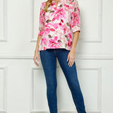 Elbow Sleeve Cutout Neck Mix Media Blouse - Pink
