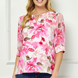 Elbow Sleeve Cutout Neck Mix Media Blouse - Pink