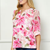 Elbow Sleeve Cutout Neck Mix Media Blouse - Pink