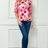 Ruffle Sleeve Chain Trim Cutout Neck Blouse in Pink