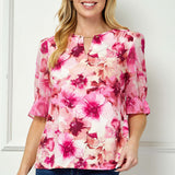 Ruffle Sleeve Chain Trim Cutout Neck Blouse in Pink