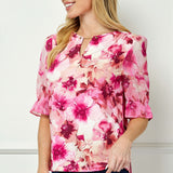 Ruffle Sleeve Chain Trim Cutout Neck Blouse in Pink