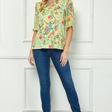 Ruffle Sleeve Chain Trim Cutout Neck Blouse in Yellow