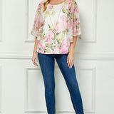 Angel Sleeve Scoop Neck Blouse with Necklace in Pink