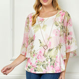 Angel Sleeve Scoop Neck Blouse with Necklace in Pink