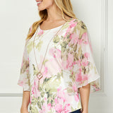 Angel Sleeve Scoop Neck Blouse with Necklace in Pink