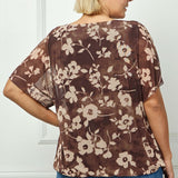 Scoop Neck Bubble Blouse with Necklace in Brown/Mocha/Tan - Plus