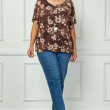 Scoop Neck Bubble Blouse with Necklace in Brown/Mocha/Tan - Plus