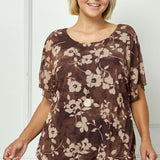 Scoop Neck Bubble Blouse with Necklace in Brown/Mocha/Tan - Plus