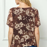Scoop Neck Bubble Blouse with Necklace in Brown/Mocha/Tan