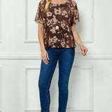 Scoop Neck Bubble Blouse with Necklace in Brown/Mocha/Tan