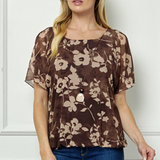 Scoop Neck Bubble Blouse with Necklace in Brown/Mocha/Tan