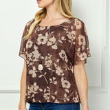 Scoop Neck Bubble Blouse with Necklace in Brown/Mocha/Tan