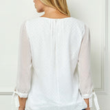 3/4 Tie Sleeve Pleat Neck Bubble Blouse in White