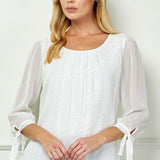 3/4 Tie Sleeve Pleat Neck Bubble Blouse in White