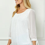 3/4 Tie Sleeve Pleat Neck Bubble Blouse in White