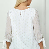 3/4 Tie Sleeve Pleat Neck Foil Bubble Blouse in Ivory/Gold - Plus