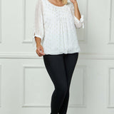 3/4 Tie Sleeve Pleat Neck Foil Bubble Blouse in Ivory/Gold - Plus