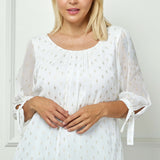 3/4 Tie Sleeve Pleat Neck Foil Bubble Blouse in Ivory/Gold - Plus