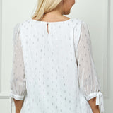 3/4 Tie Sleeve Pleat Neck Foil Bubble Blouse in Ivory/Silver - Plus