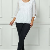 3/4 Tie Sleeve Pleat Neck Foil Bubble Blouse in Ivory/Silver - Plus