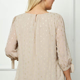 3/4 Tie Sleeve Pleat Neck Foil Bubble Blouse in Beige - Plus