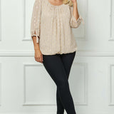 3/4 Tie Sleeve Pleat Neck Foil Bubble Blouse in Beige - Plus