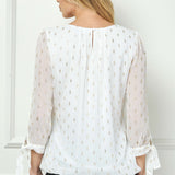 3/4 Tie Sleeve Pleat Neck Foil Bubble Blouse in Ivory/Gold