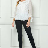 3/4 Tie Sleeve Pleat Neck Foil Bubble Blouse in Ivory/Gold