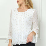 3/4 Tie Sleeve Pleat Neck Foil Bubble Blouse in Ivory/Gold
