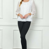 3/4 Tie Sleeve Pleat Neck Foil Bubble Blouse in Ivory/Silver